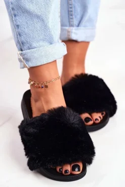 Gumowe Klapki Z Futerkiem Czarne Sensitive