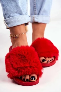 Gumowe Klapki Z Futerkiem Czerwone Sensitive