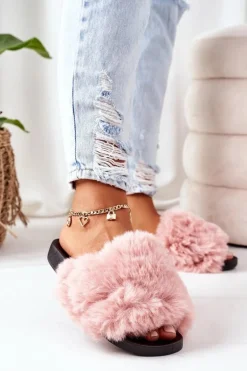 Gumowe Klapki Z Futerkiem Różowe Soft