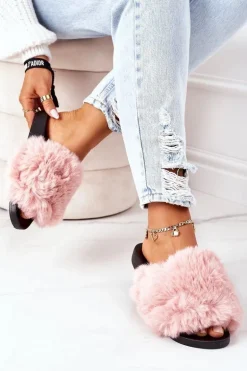 Gumowe Klapki Z Futerkiem Różowe Soft