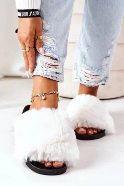 Gumowe Klapki Z Futerkiem Białe Soft
