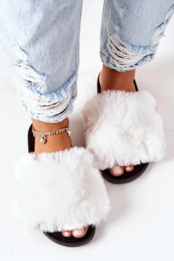 Gumowe Klapki Z Futerkiem Białe Soft