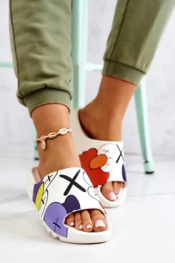 Gumowe Klapki Z Nadrukiem Białe Monsters