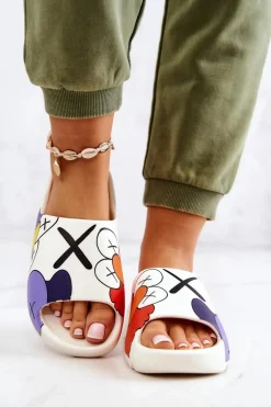 Gumowe Klapki Z Nadrukiem Białe Monsters