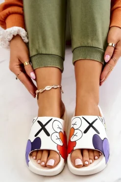 Gumowe Klapki Z Nadrukiem Białe Monsters