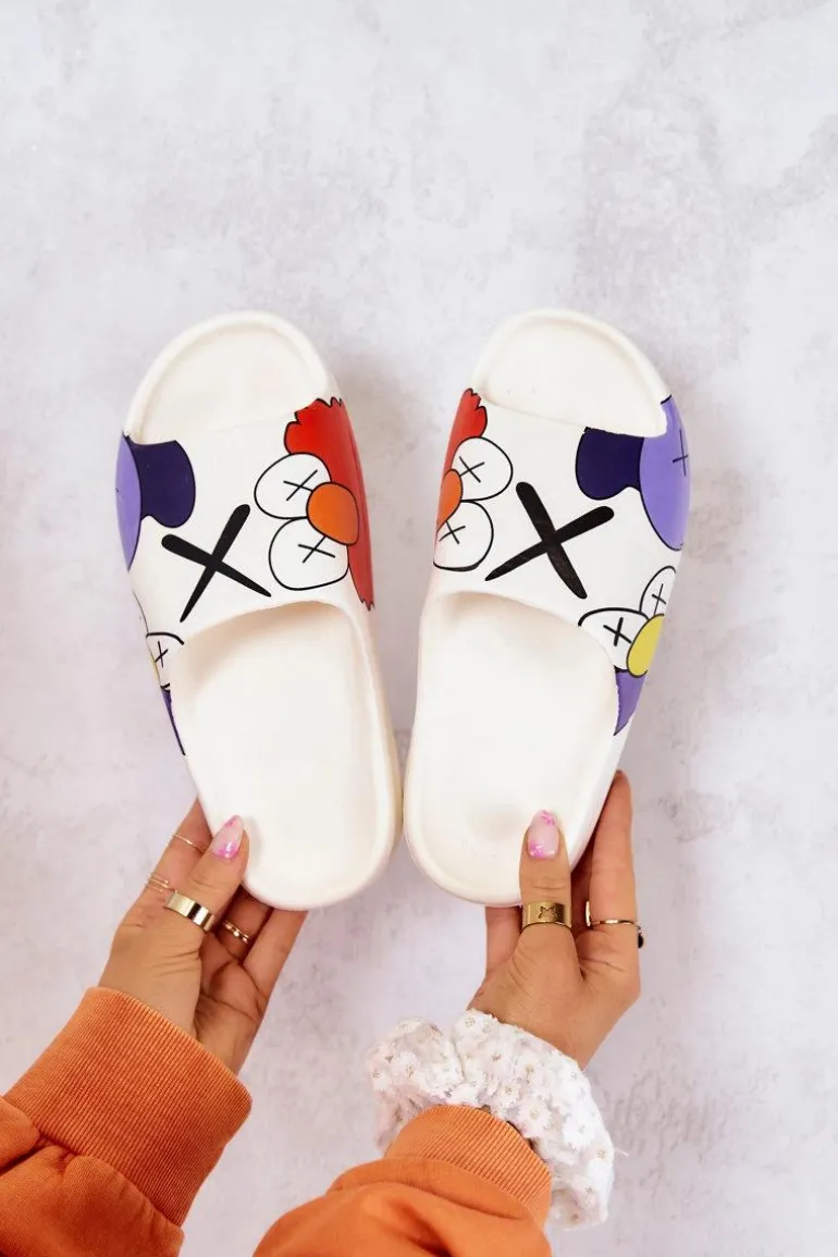 Gumowe Klapki Z Nadrukiem Białe Monsters