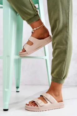 Gumowe Klapki Ze Sprzączką Beżowe Corina