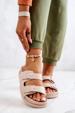 Gumowe Klapki Ze Sprzączką Beżowe Corina