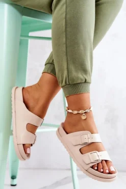 Gumowe Klapki Ze Sprzączką Beżowe Corina