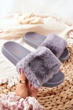 Gumowe Profilowane Klapki Z Futerkiem Szare Emmie