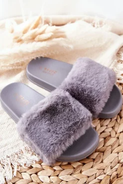 Gumowe Profilowane Klapki Z Futerkiem Szare Emmie