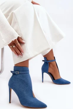 Jeansowe Botki Damskie Na Szpilce Niebieskie Amalundi