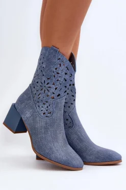Jeansowe Botki Z Ażurową Cholewką Na Klocku Niebieskie Irvelame