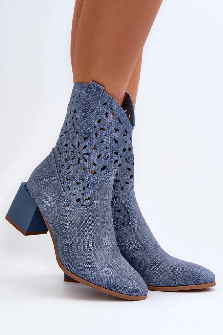 Jeansowe Botki Z Ażurową Cholewką Na Klocku Niebieskie Irvelame