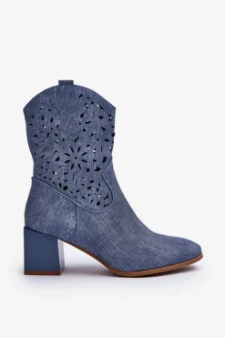 Jeansowe Botki Z Ażurową Cholewką Na Klocku Niebieskie Irvelame
