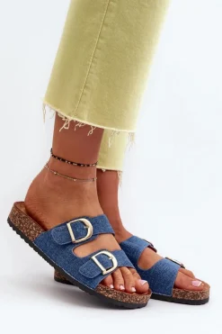 Jeansowe Damskie Klapki Na Korkowej Platformie Z Paskami Ciemnoniebieskie Doretta