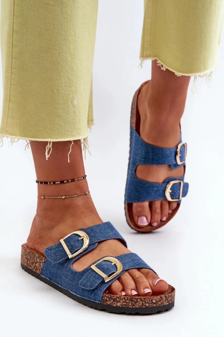 Jeansowe Damskie Klapki Na Korkowej Platformie Z Paskami Ciemnoniebieskie Doretta