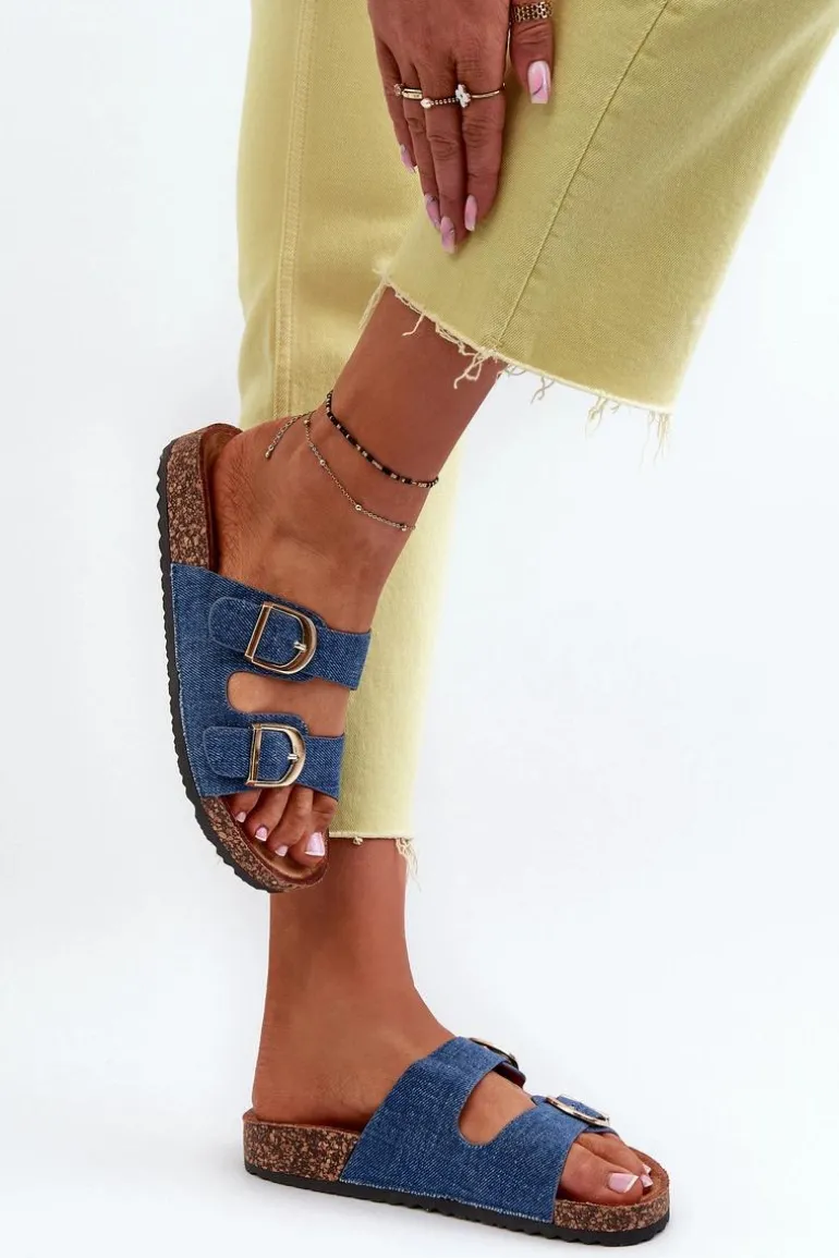 Jeansowe Damskie Klapki Na Korkowej Platformie Z Paskami Ciemnoniebieskie Doretta