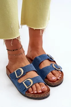 Jeansowe Damskie Klapki Na Korkowej Platformie Z Paskami Ciemnoniebieskie Doretta