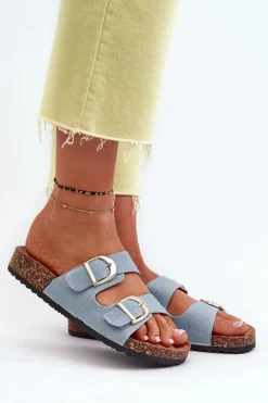 Jeansowe Damskie Klapki Na Korkowej Platformie Z Paskami Niebieskie Doretta