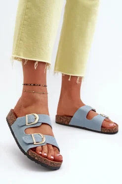 Jeansowe Damskie Klapki Na Korkowej Platformie Z Paskami Niebieskie Doretta