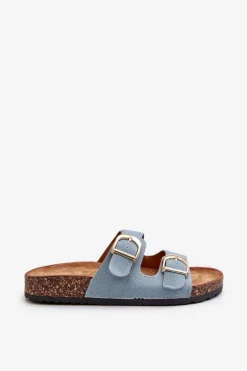 Jeansowe Damskie Klapki Na Korkowej Platformie Z Paskami Niebieskie Doretta