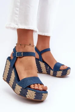Jeansowe Sandały Damskie Na Koturnie Z Plecionką Niebieskie Reviala