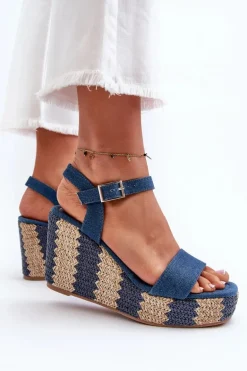 Jeansowe Sandały Damskie Na Koturnie Z Plecionką Niebieskie Reviala