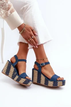 Jeansowe Sandały Damskie Na Koturnie Z Plecionką Niebieskie Reviala
