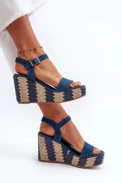 Jeansowe Sandały Damskie Na Koturnie Z Plecionką Niebieskie Reviala