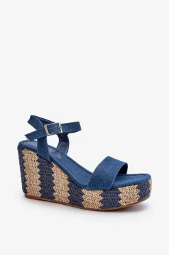 Jeansowe Sandały Damskie Na Koturnie Z Plecionką Niebieskie Reviala