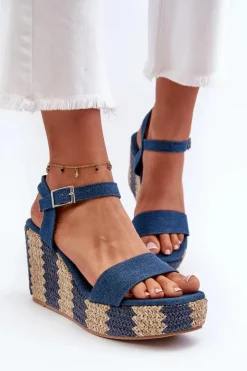 Jeansowe Sandały Damskie Na Koturnie Z Plecionką Niebieskie Reviala