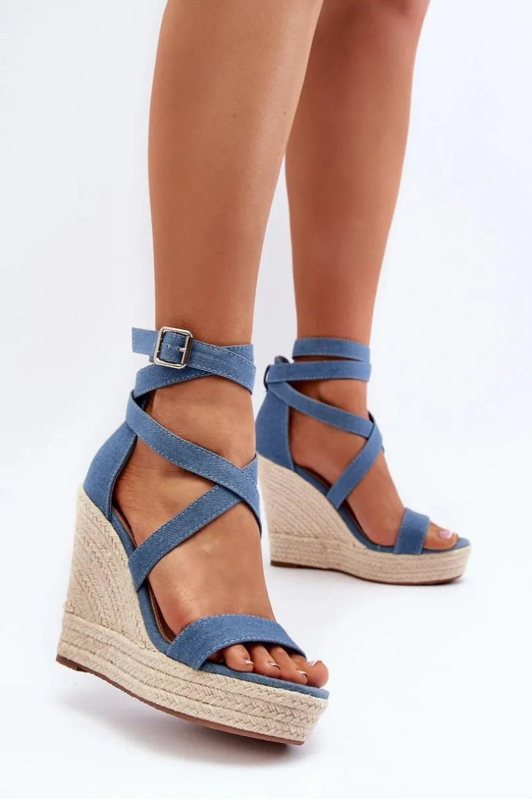 Jeansowe Sandały Na Koturnie Z Plecionką Niebieskie Salthe