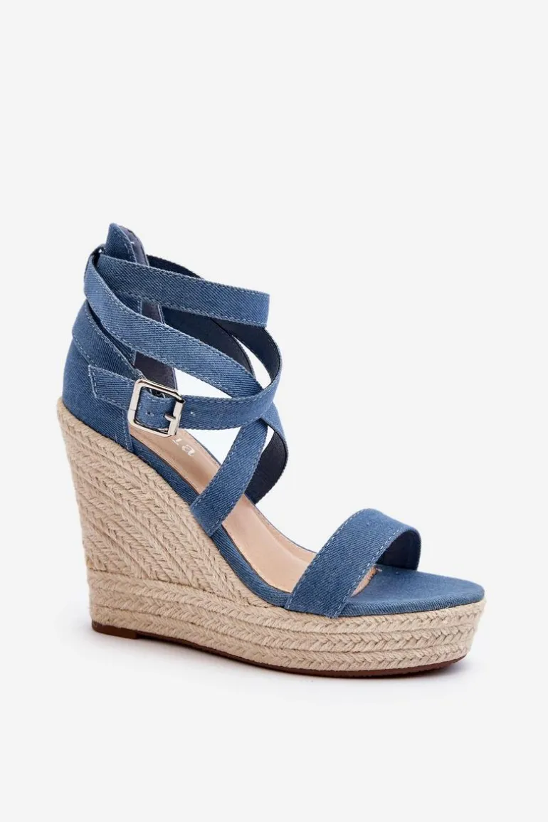 Jeansowe Sandały Na Koturnie Z Plecionką Niebieskie Salthe