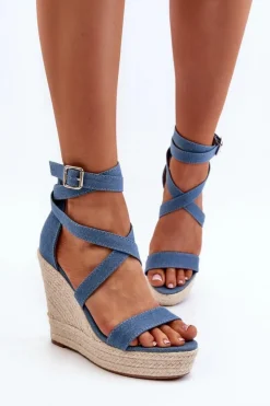 Jeansowe Sandały Na Koturnie Z Plecionką Niebieskie Salthe