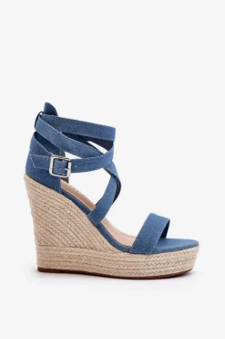 Jeansowe Sandały Na Koturnie Z Plecionką Niebieskie Salthe