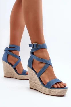 Jeansowe Sandały Na Koturnie Z Plecionką Niebieskie Salthe