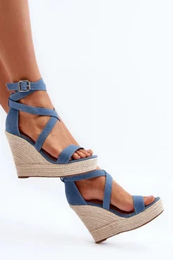 Jeansowe Sandały Na Koturnie Z Plecionką Niebieskie Salthe