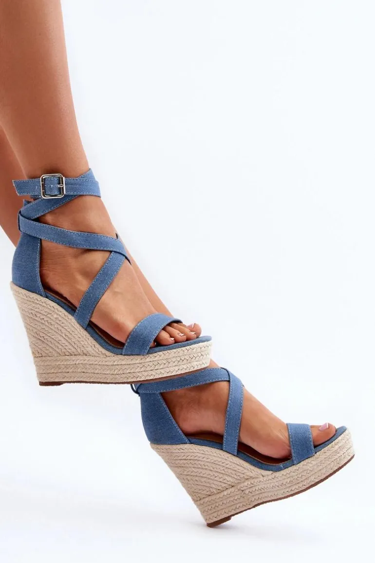 Jeansowe Sandały Na Koturnie Z Plecionką Niebieskie Salthe