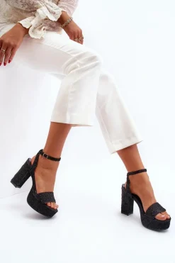 Jeansowe Sandały Na Słupku Czarne Acrana