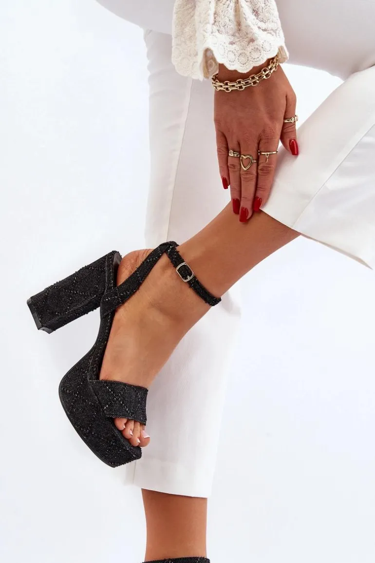 Jeansowe Sandały Na Słupku Czarne Acrana