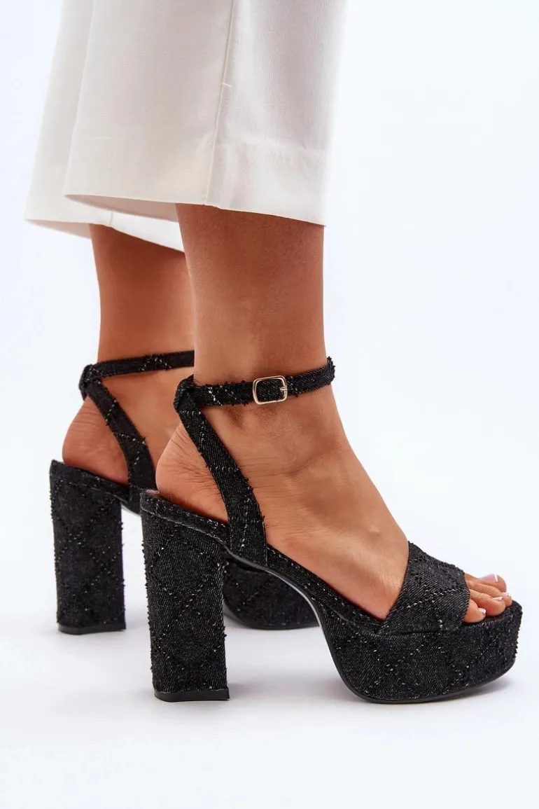 Jeansowe Sandały Na Słupku Czarne Acrana