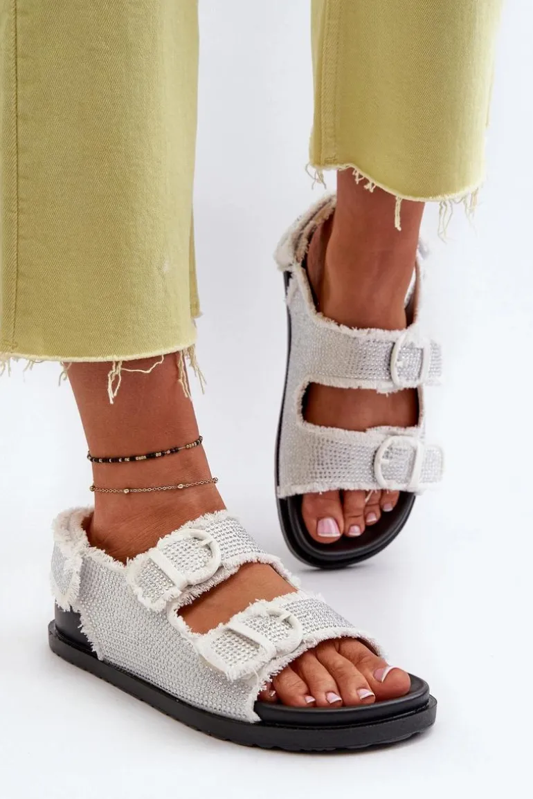 Jeansowe Zdobione Sandały Damskie Białe Irmale