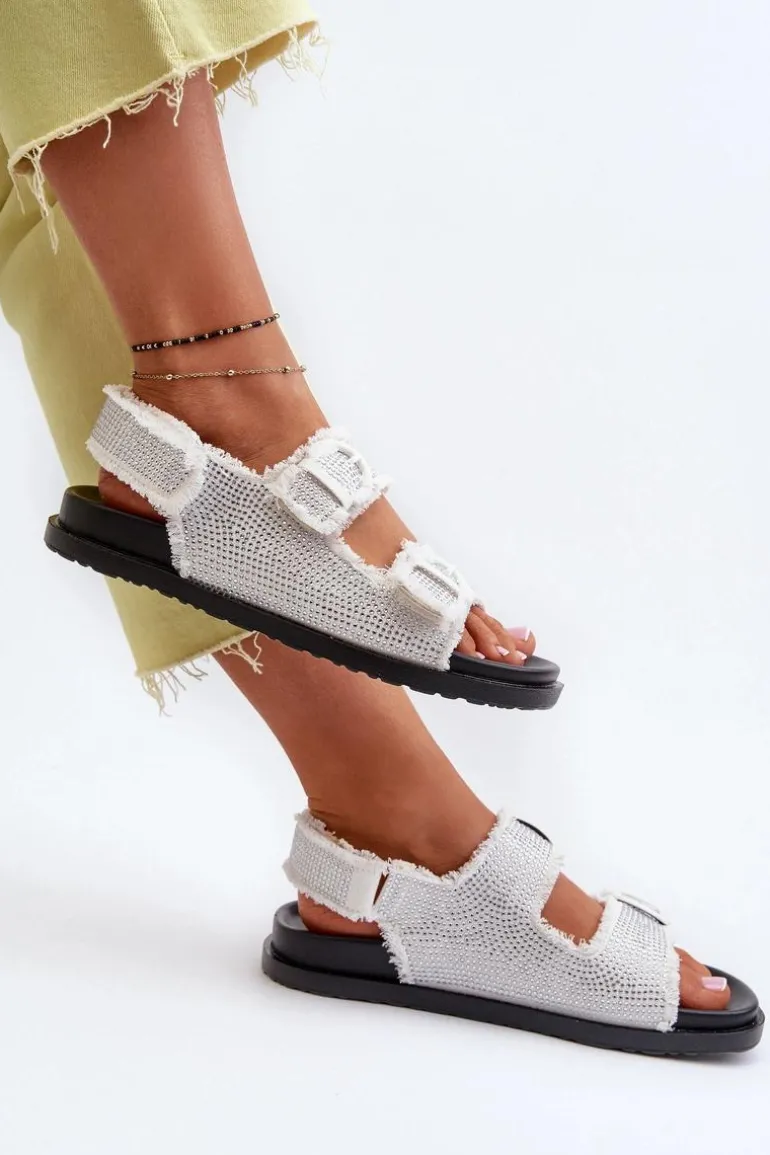 Jeansowe Zdobione Sandały Damskie Białe Irmale