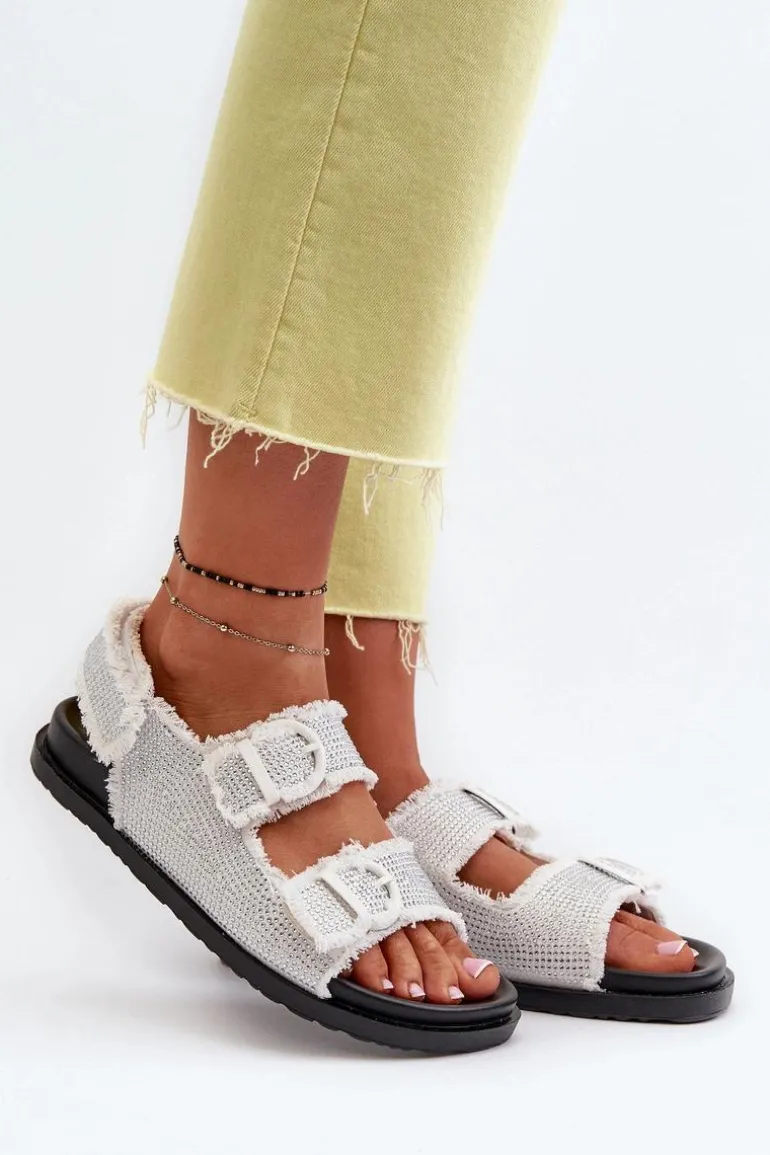Jeansowe Zdobione Sandały Damskie Białe Irmale