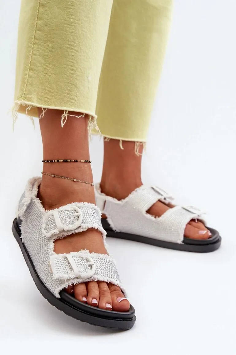 Jeansowe Zdobione Sandały Damskie Białe Irmale