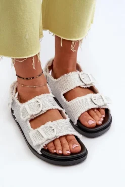 Jeansowe Zdobione Sandały Damskie Białe Irmale