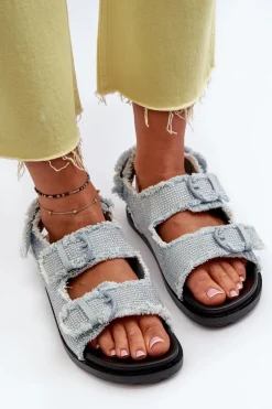 Jeansowe Zdobione Sandały Damskie Niebieskie Irmale