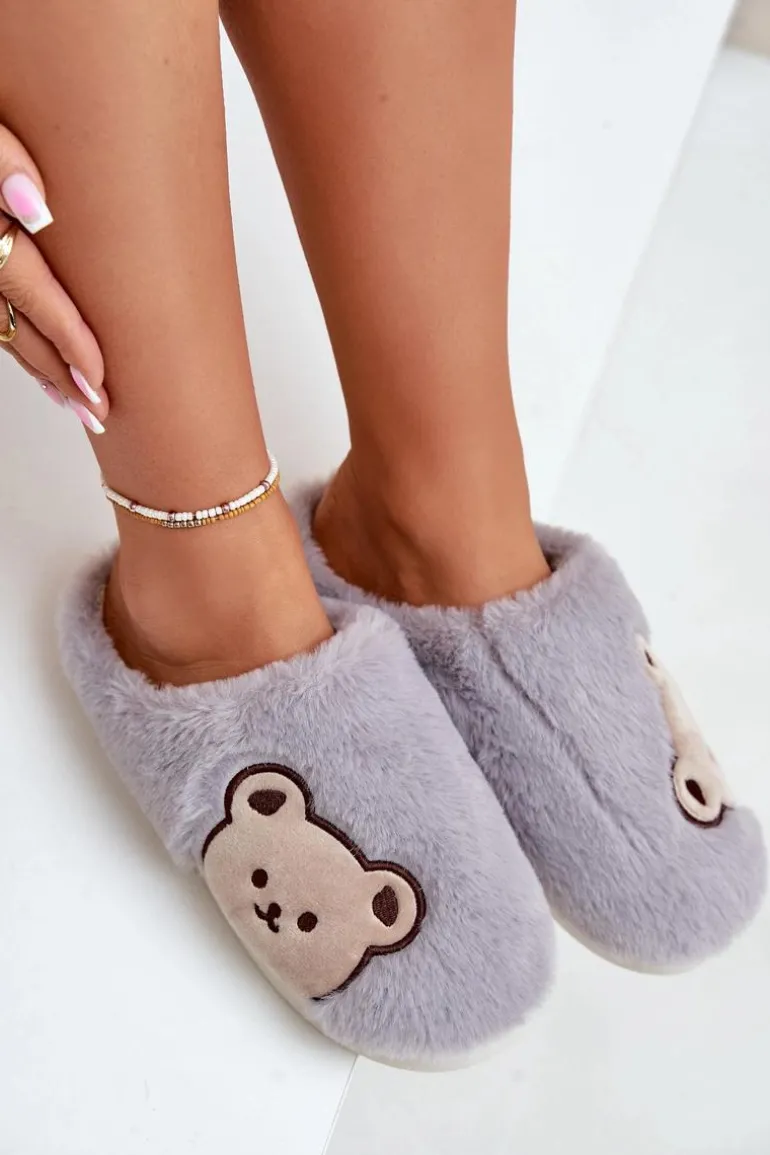 Kapcie Damskie Futrzane Z Misiem Szare Fiorinella