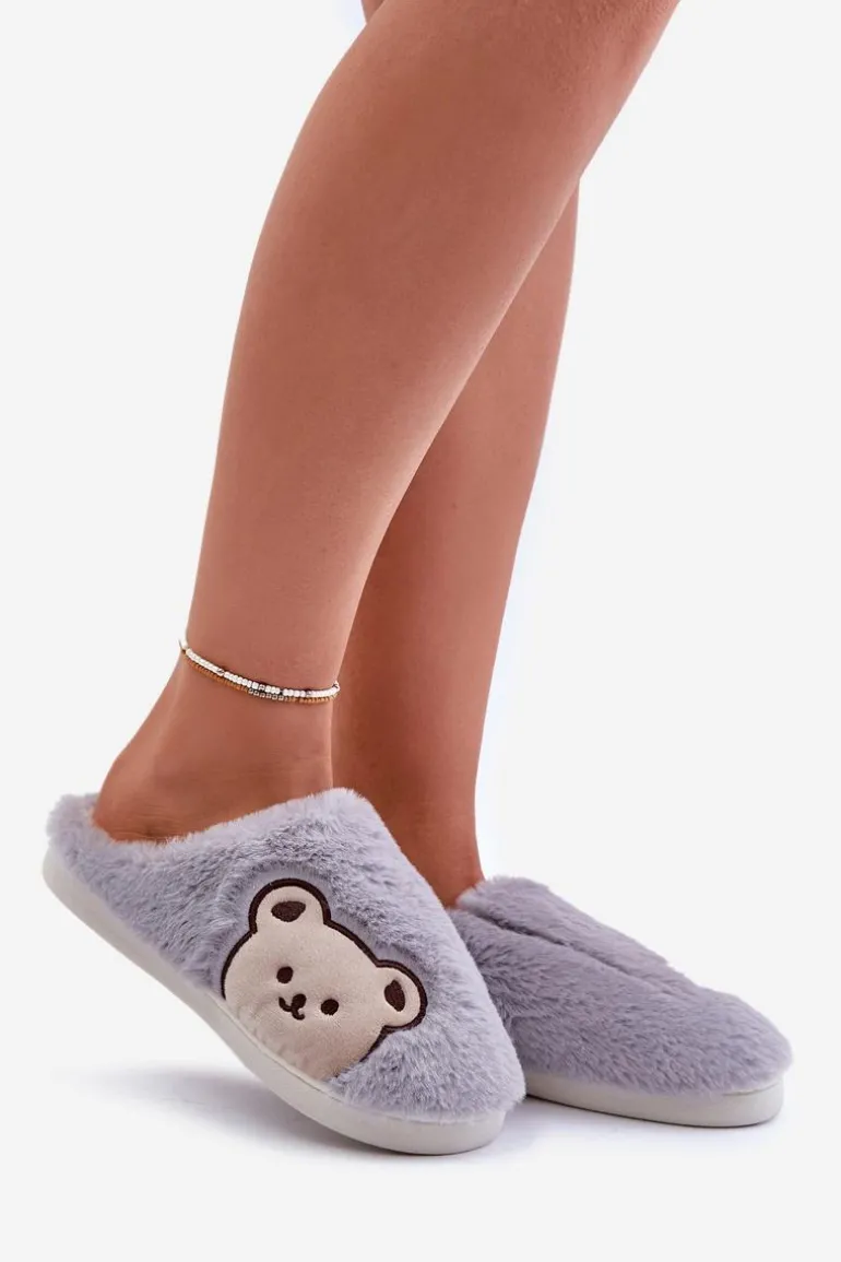 Kapcie Damskie Futrzane Z Misiem Szare Fiorinella